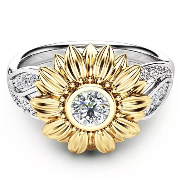 18k White Gold Plated Halo Sunflower Diamond Ring - Picture 2 of 4